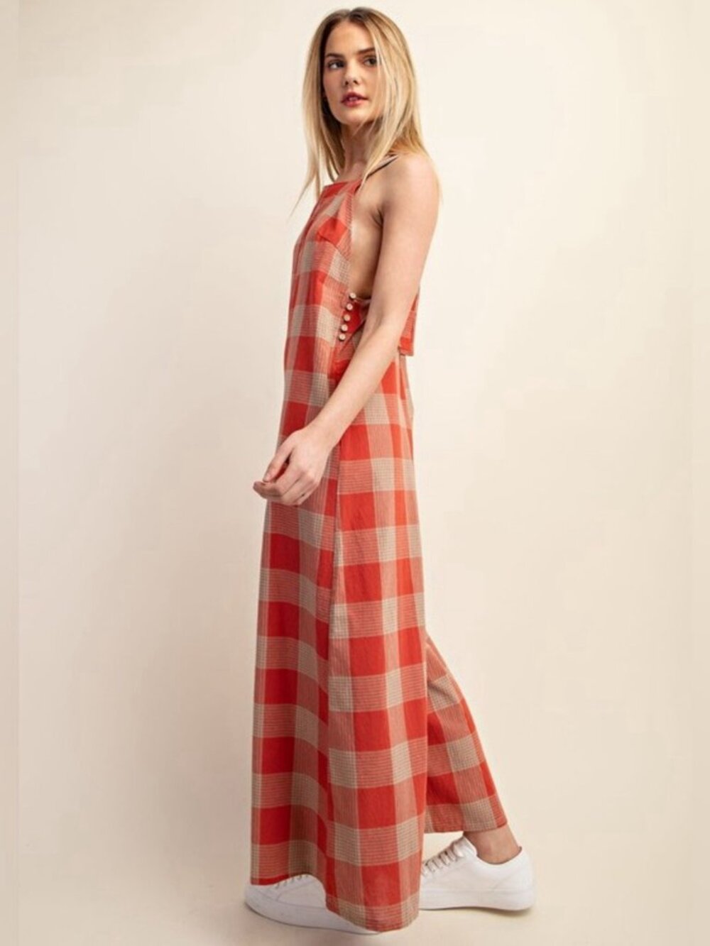 Cotton Plaid Wide-leg Jumpsuit - Picture 3 of 3